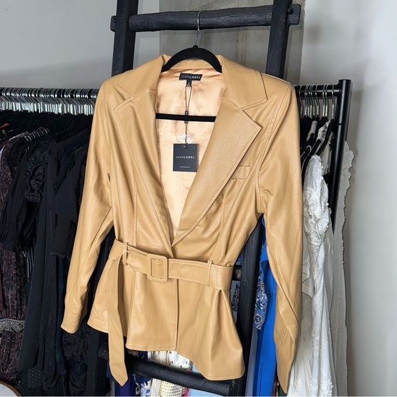 JLUXLABEL Camel Faux Leather One Button Front Belted Blazer Jacket - Picture 1 of 13